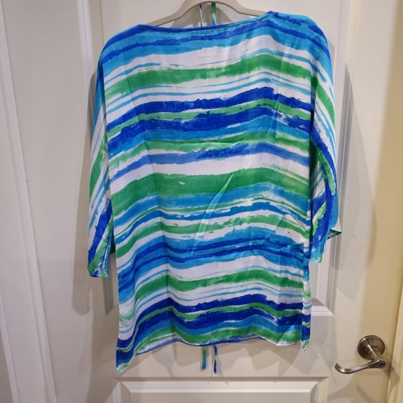 Lauren Ralph Lauren ✦ Blue Green Stripe Blouse ✦ Flowy ¾ Sleeve Tie Accessory - Picture 7 of 15